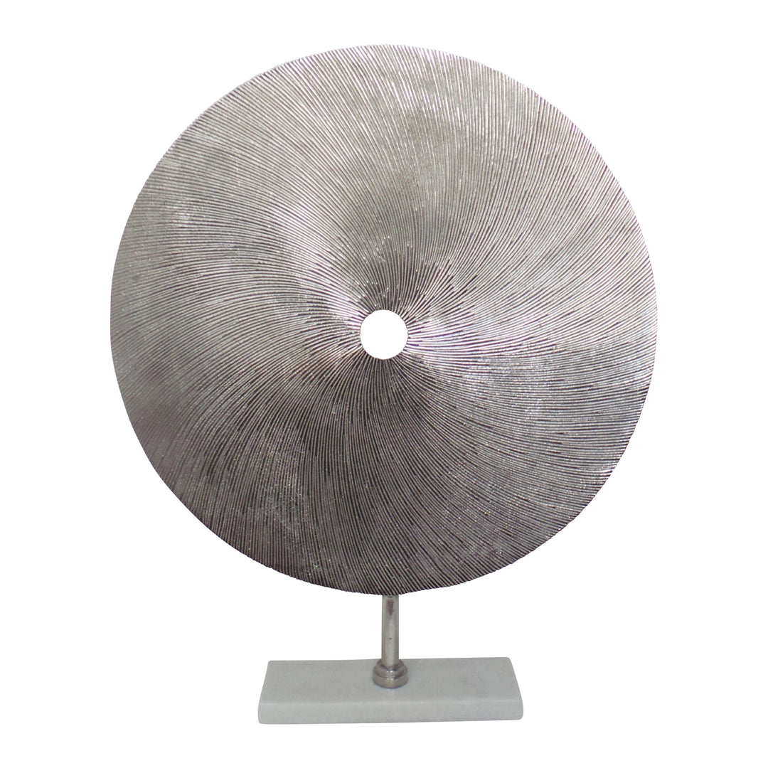 Metal 24" Swirly Disc W/ Stand, Silver