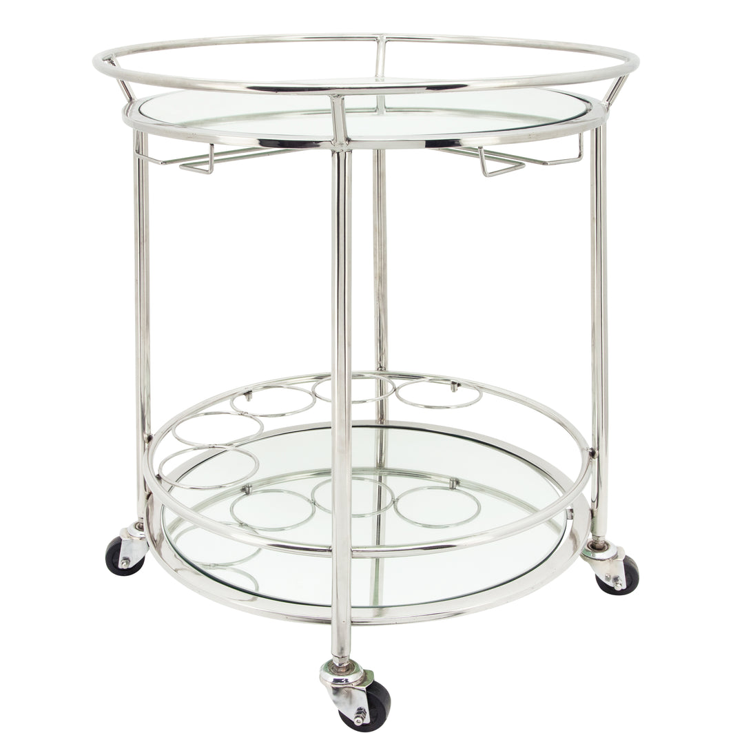 Two Tier 27"h Round Rolling Bar Cart, Silver