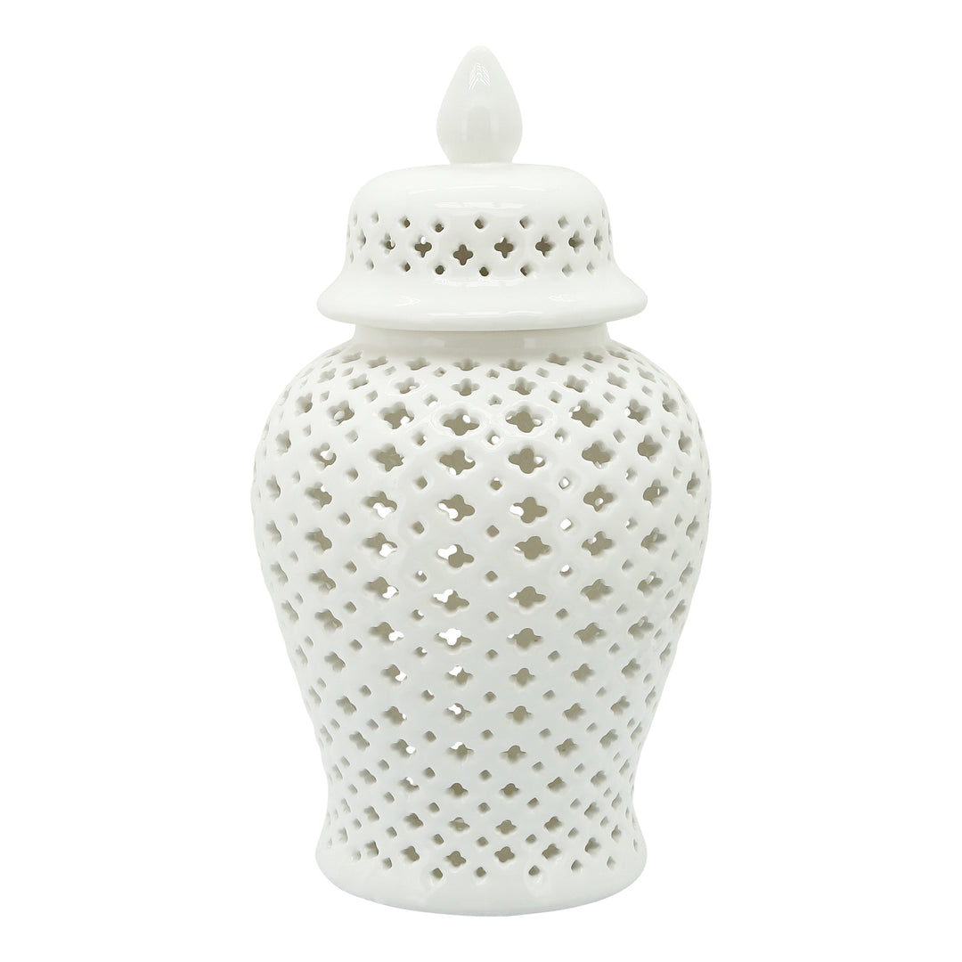 18" Cut-out Clover Temple Jar, White-AmericanHomeFurniture