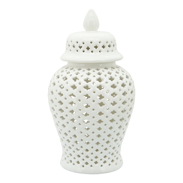 18" Cut-out Clover Temple Jar, White-AmericanHomeFurniture