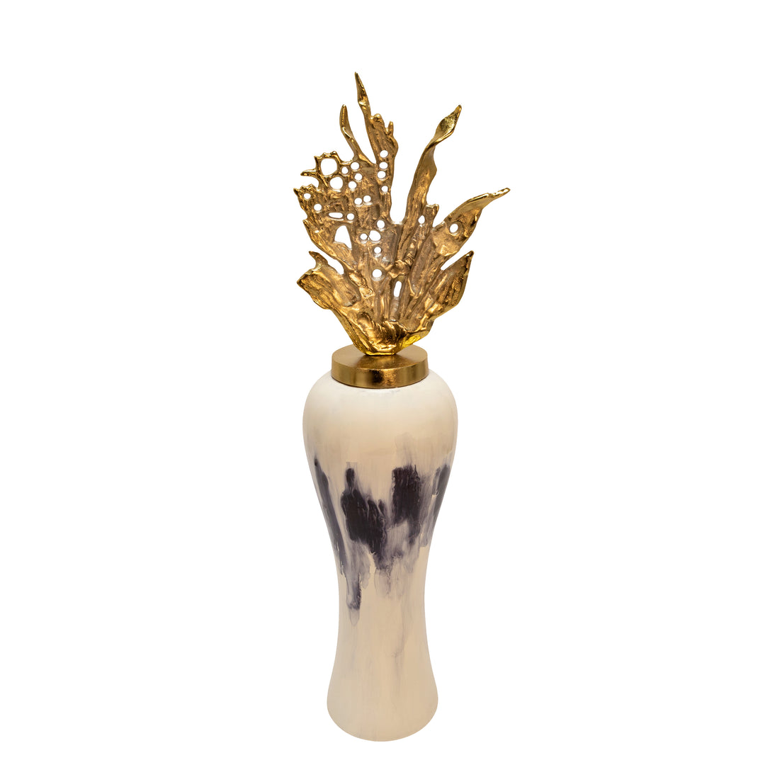 38"h Metal  Vase W/ Leaf Like Lid, White