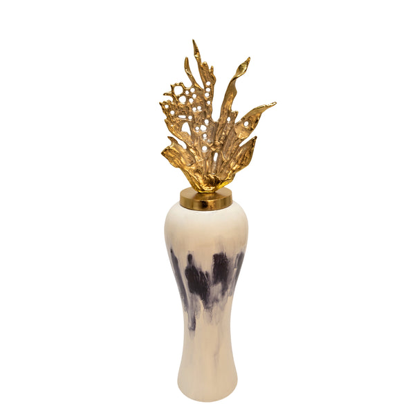 38"h Metal  Vase W/ Leaf Like Lid, White