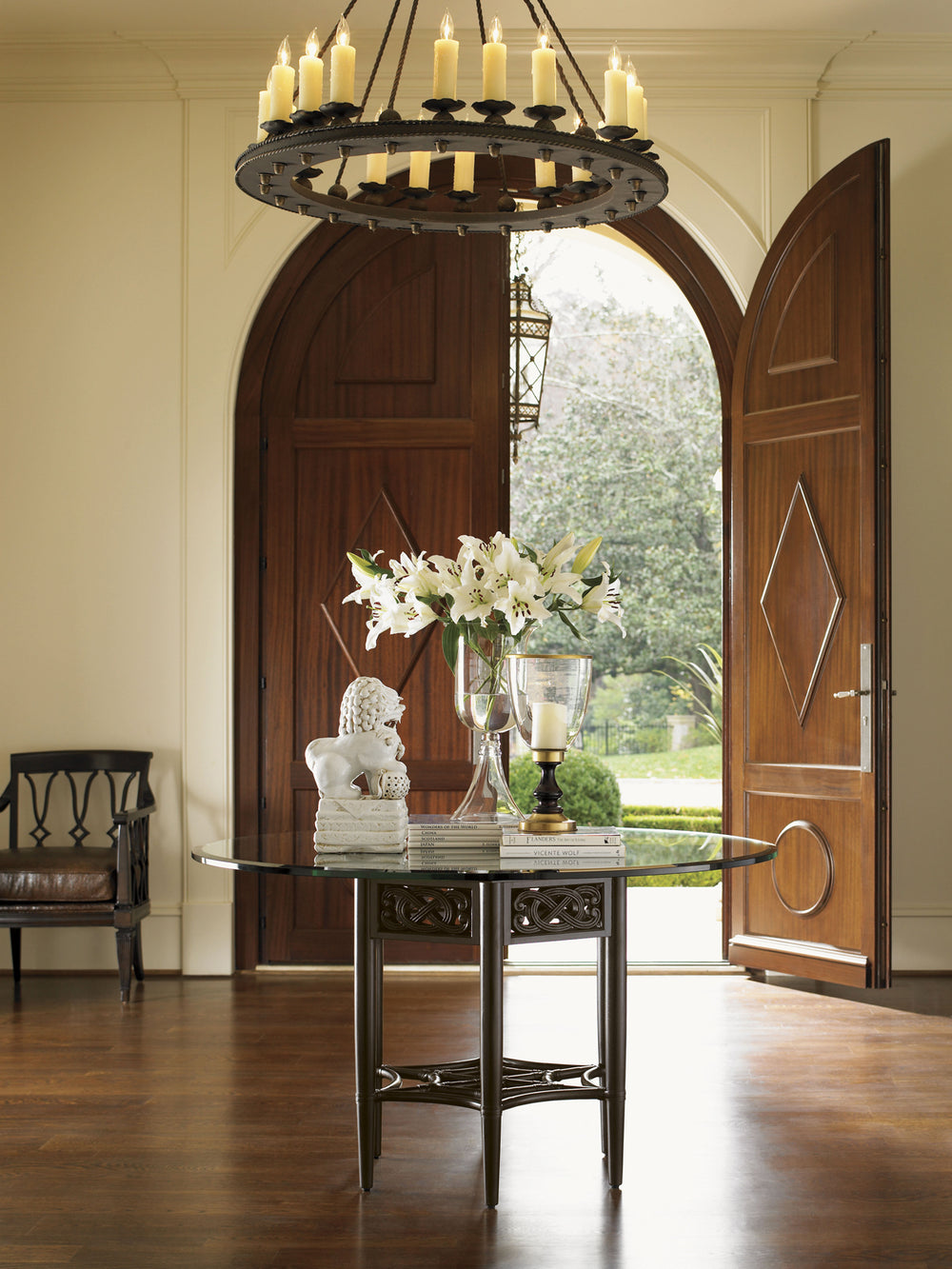 American Home Furniture | Tommy Bahama Home  - Royal Kahala Sugar And Lace Dining Table With 54 Inch Glass Top