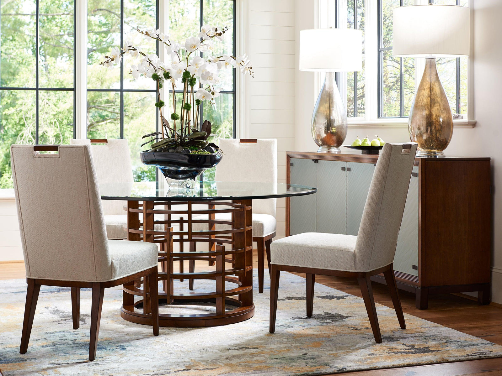 Tommy Bahama Home Island Fusion Meridien Round Dining Table With 60 Inch Glass Top DINING TABLES