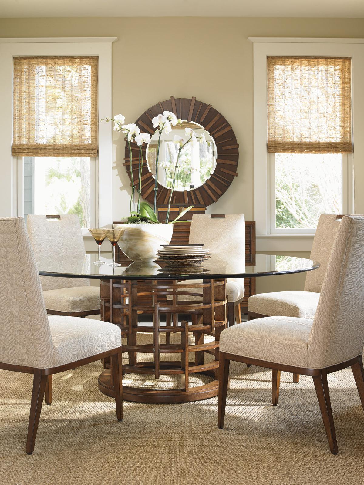 Tommy Bahama Home Island Fusion Meridien Round Dining Table With 72 Inch Glass Top DINING TABLES