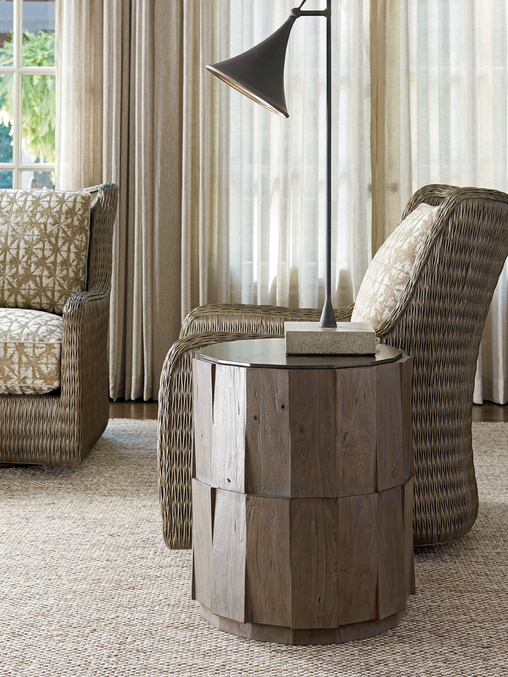 American Home Furniture | Tommy Bahama Home  - Cypress Point Everett Round Travertine End Table