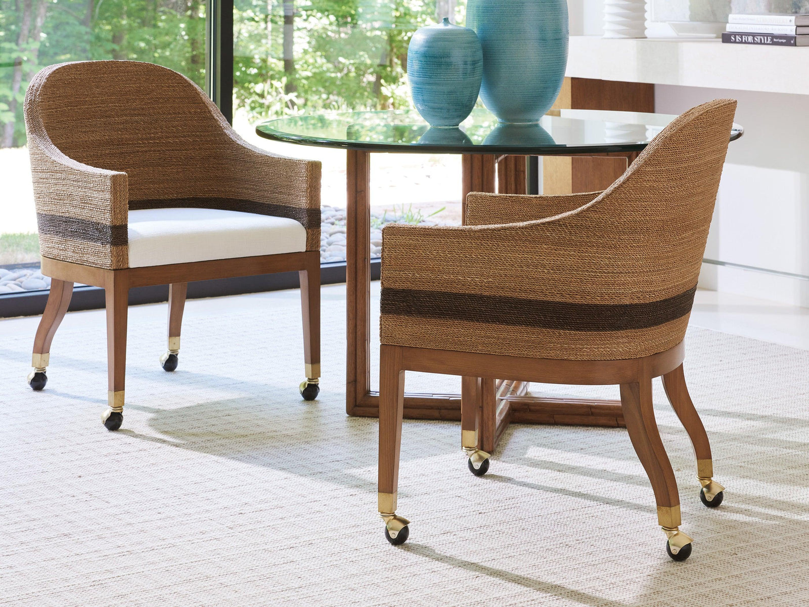 Tommy Bahama Home Palm Desert Dorian Woven Arm Chair With Casters - Set of 2 DINING CHAIRS