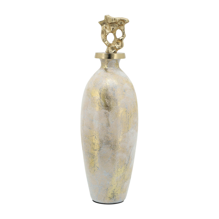 Glass, 23"h Metal Vase Tribal Topper,  White/gold