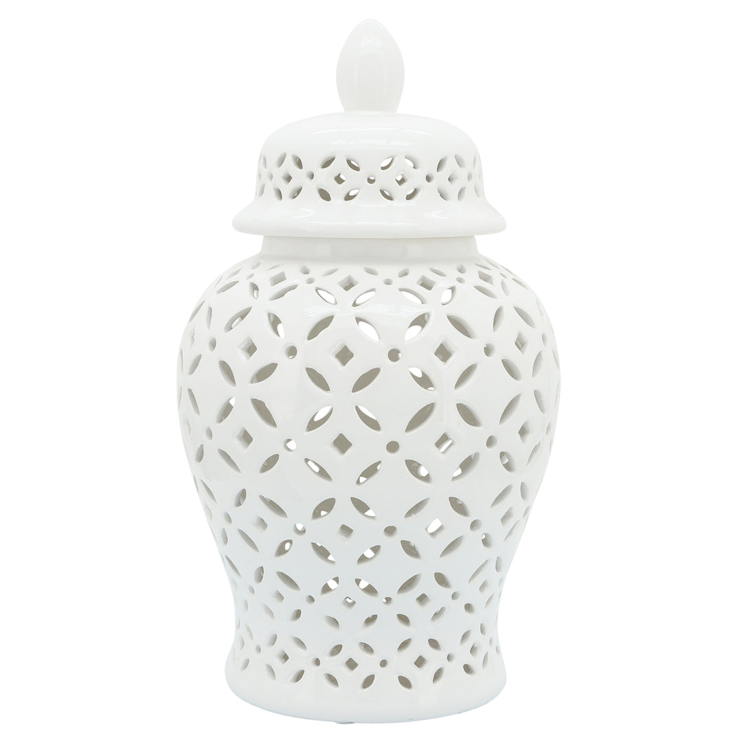 18" Cut-out Daisies Temple Jar, White-AmericanHomeFurniture