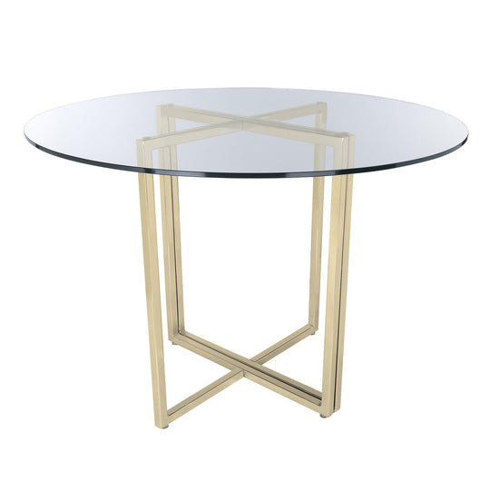 Euro Style Legend 36" Round Dining Table with Clear Tempered Glass Top and Steel Base in Matte Brushed Gold DINING TABLES