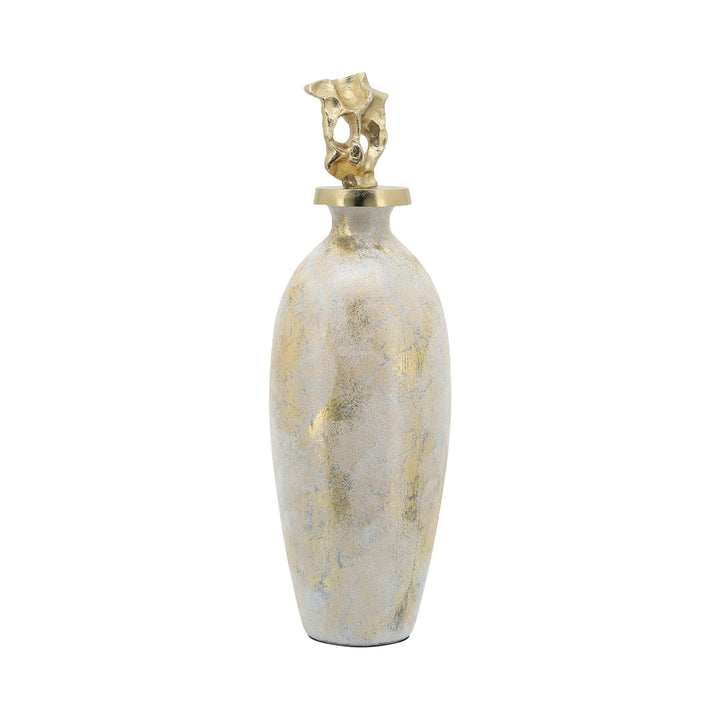 Glass, 20"h Metal Vase Tribal Topper,  White/gold