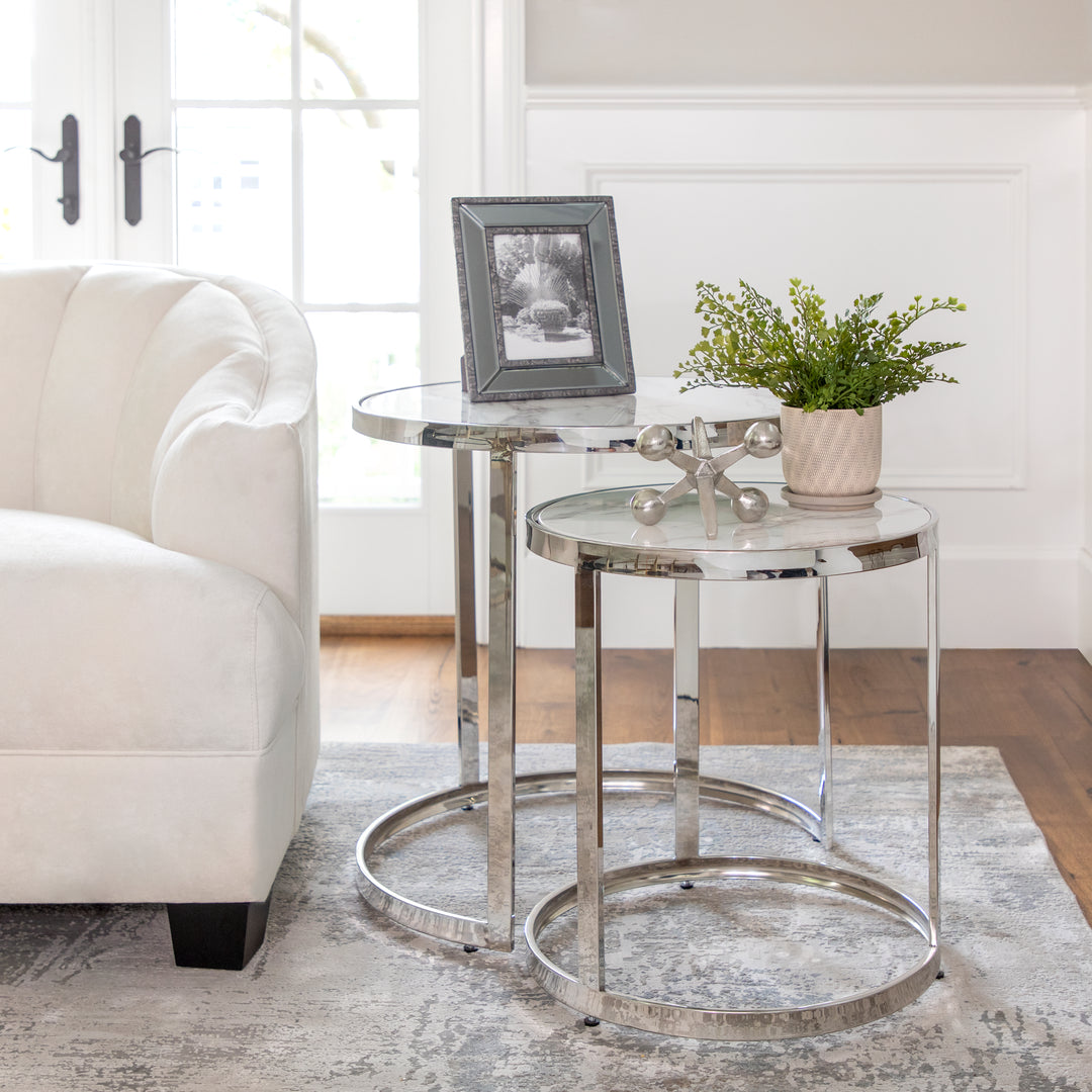 S/2 Metal/marble Glass Round Side Table, Silver