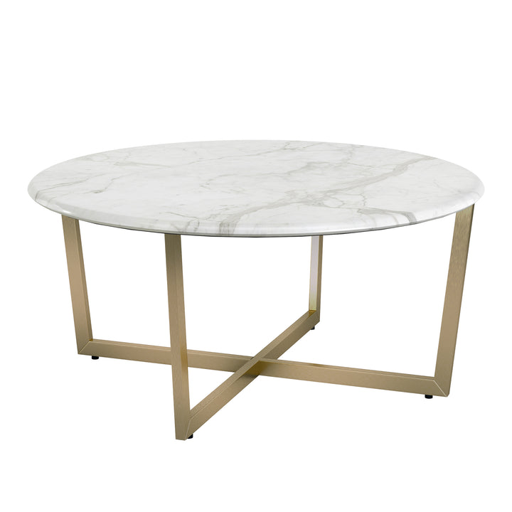 LLONA 36" ROUND COFFEE TABLE IN WHITE MARBLE MELAMINE WITH MATTE GOLD BASE - AmericanHomeFurniture
