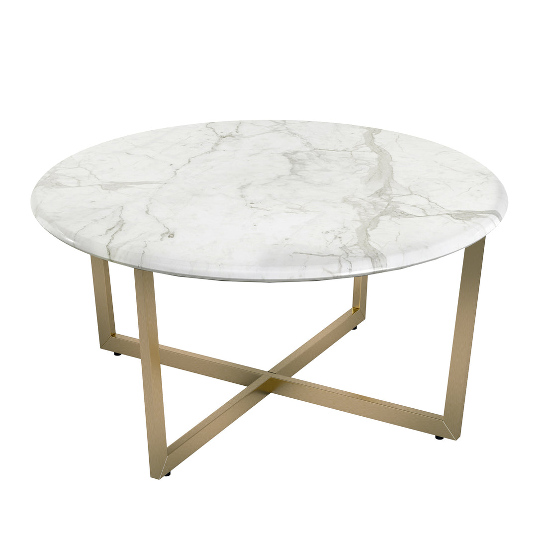LLONA 36" ROUND COFFEE TABLE IN WHITE MARBLE MELAMINE WITH MATTE GOLD BASE - AmericanHomeFurniture