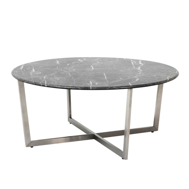 LLONA 36" ROUND COFFEE TABLE IN BLACK MARBLE MELAMINE WITH BRUSHED STAINLESS STEEL BASE - AmericanHomeFurniture