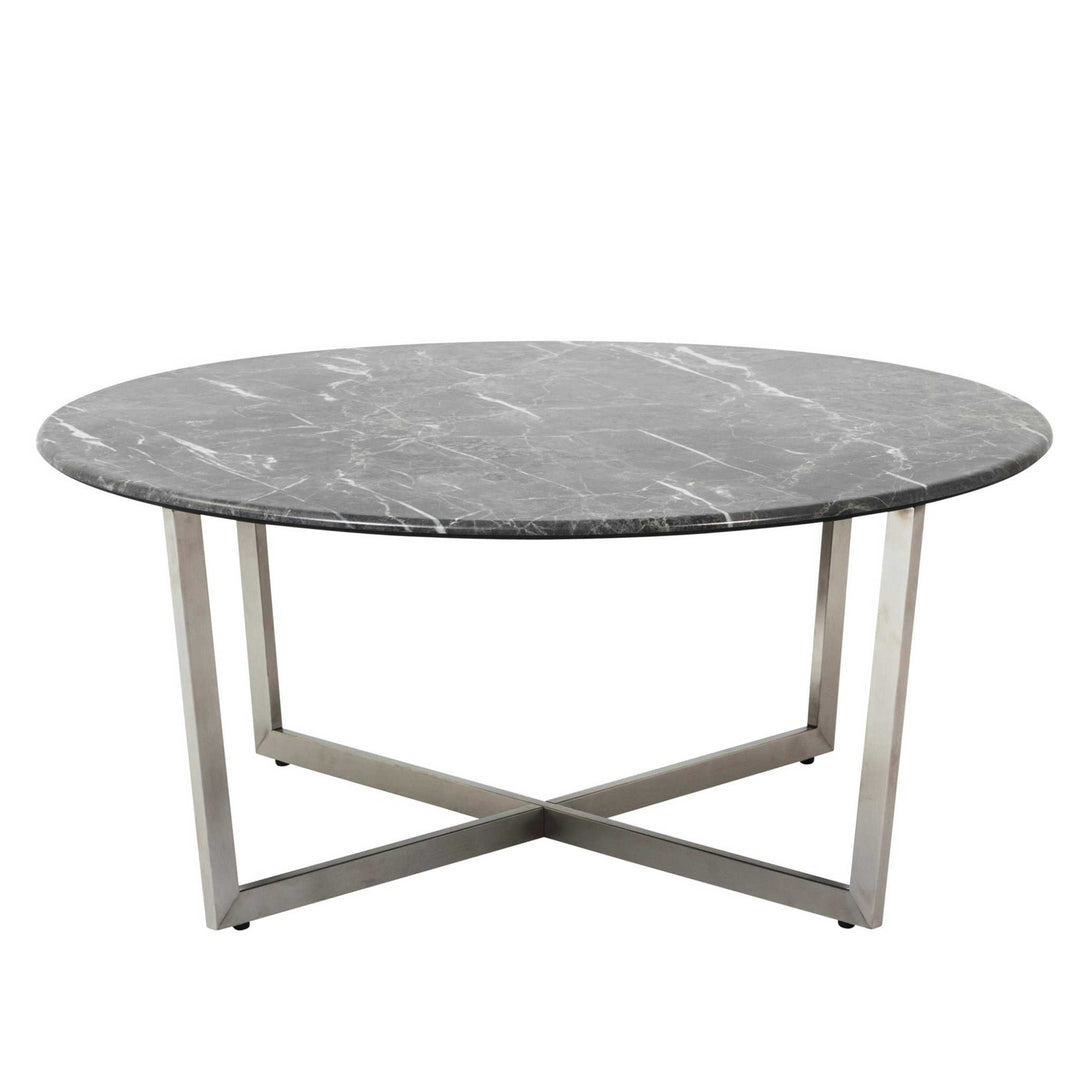 LLONA 36" ROUND COFFEE TABLE IN BLACK MARBLE MELAMINE WITH BRUSHED STAINLESS STEEL BASE - AmericanHomeFurniture