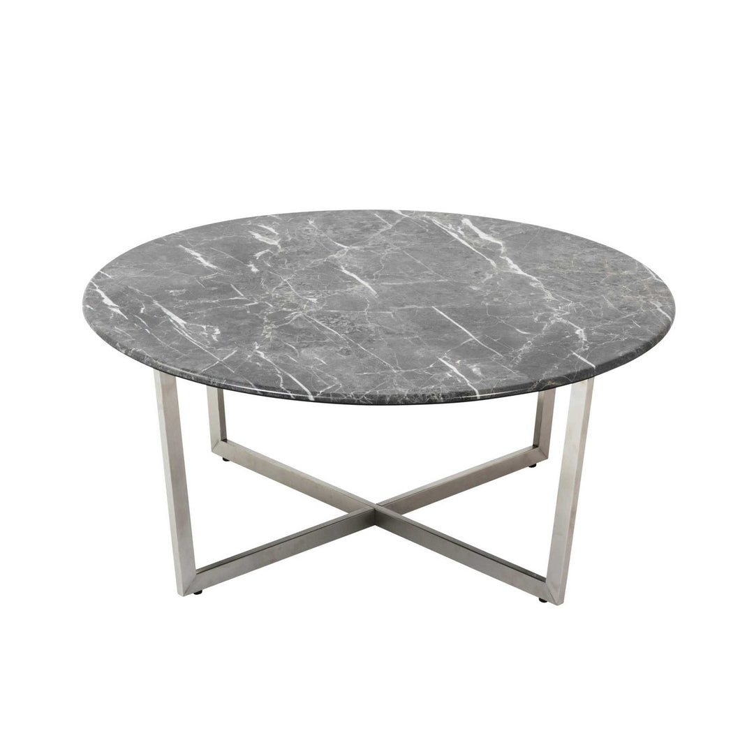 LLONA 36" ROUND COFFEE TABLE IN BLACK MARBLE MELAMINE WITH BRUSHED STAINLESS STEEL BASE - AmericanHomeFurniture