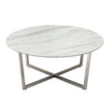 LLONA 36" ROUND COFFEE TABLE IN WHITE MARBLE MELAMINE WITH BRUSHED STAINLESS STEEL BASE - AmericanHomeFurniture