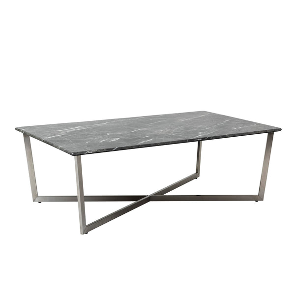 LLONA 48" RECTANGLE COFFEE TABLE IN BLACK MARBLE MELAMINE WITH BRUSHED STAINLESS STEEL BASE - AmericanHomeFurniture