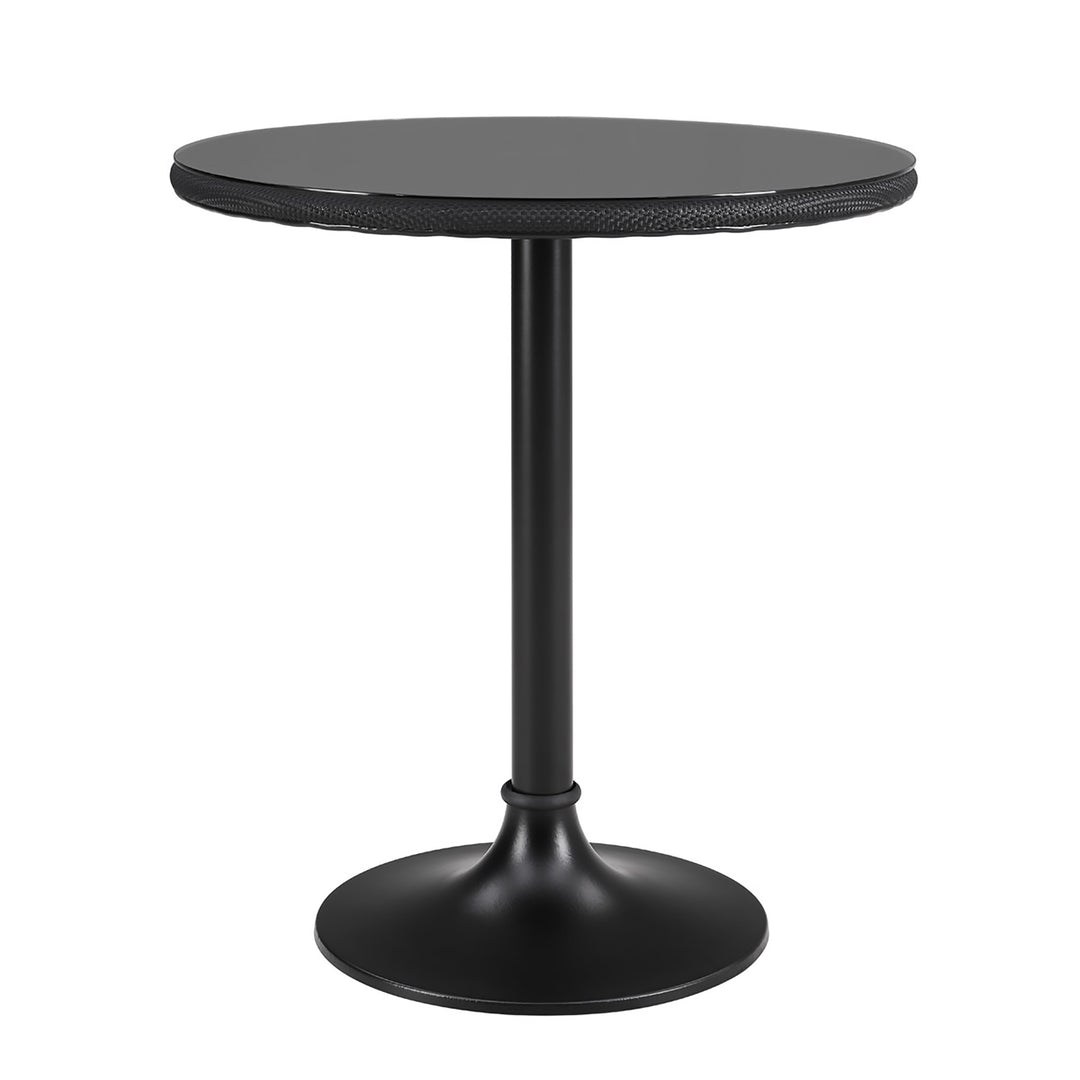 ERLEND 30" BISTRO TABLE HAS A TEMPERED GLASS TOP OVER BLACK TEXTYLENE MESH WITH BLACK COLUMN AND BASE - AmericanHomeFurniture