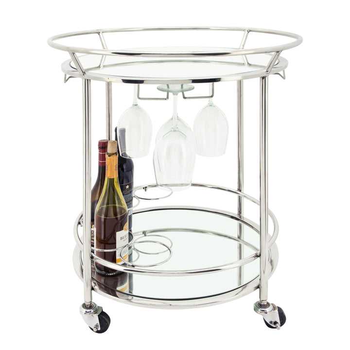 Two Tier 27"h Round Rolling Bar Cart, Silver
