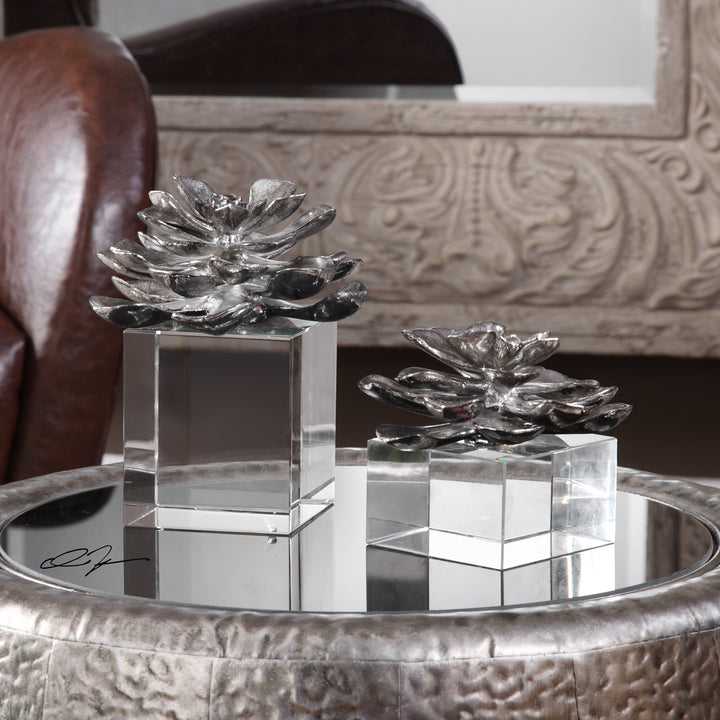 Indian Lotus Metallic Silver Flowers S/2 - AmericanHomeFurniture