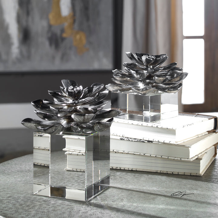 Indian Lotus Metallic Silver Flowers S/2 - AmericanHomeFurniture