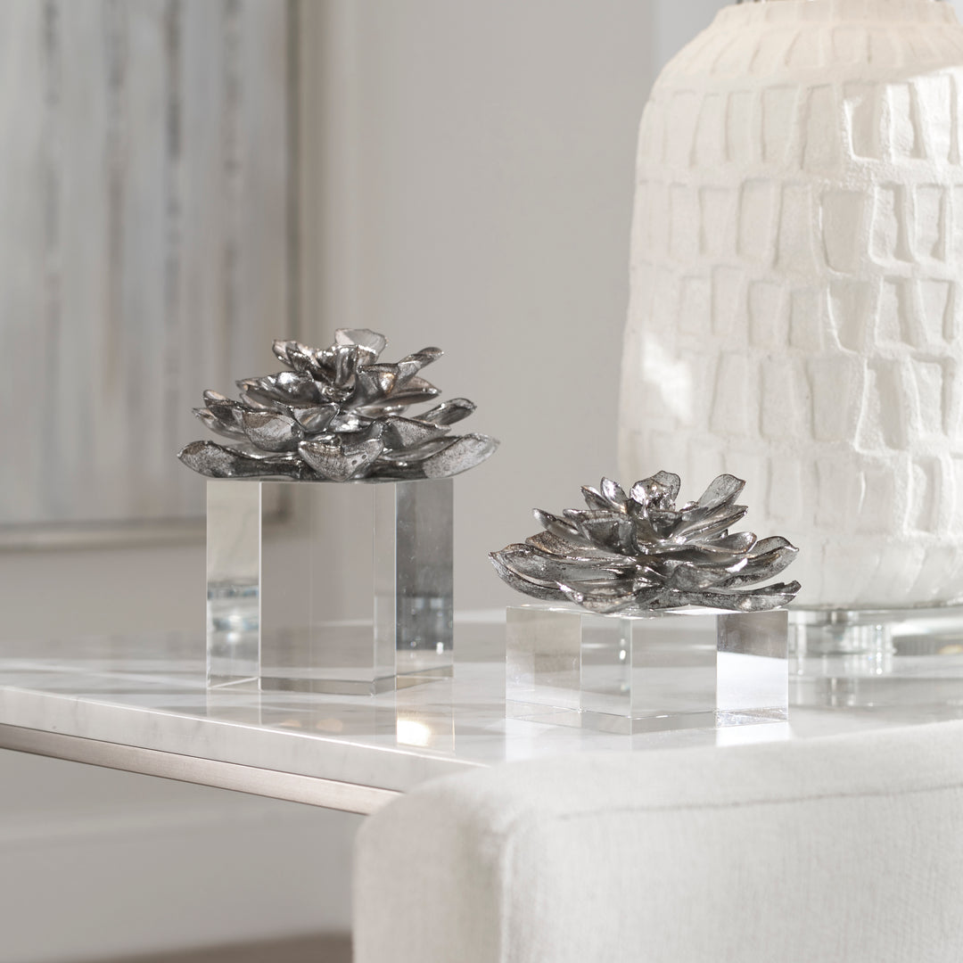 Indian Lotus Metallic Silver Flowers S/2 - AmericanHomeFurniture