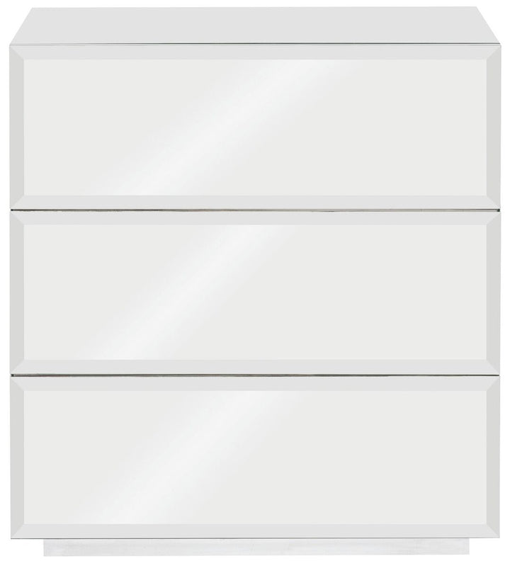 ARGENTA MIRRORED 3 DRAWER NIGHTSAND WIRH BEVELED DRAWERS.