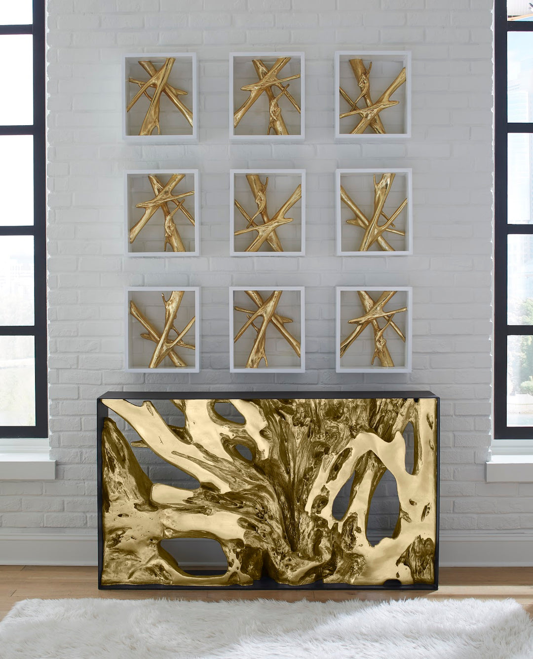 Framed Branches Wall Tile, White, Gold Leaf - Phillips Collection - AmericanHomeFurniture