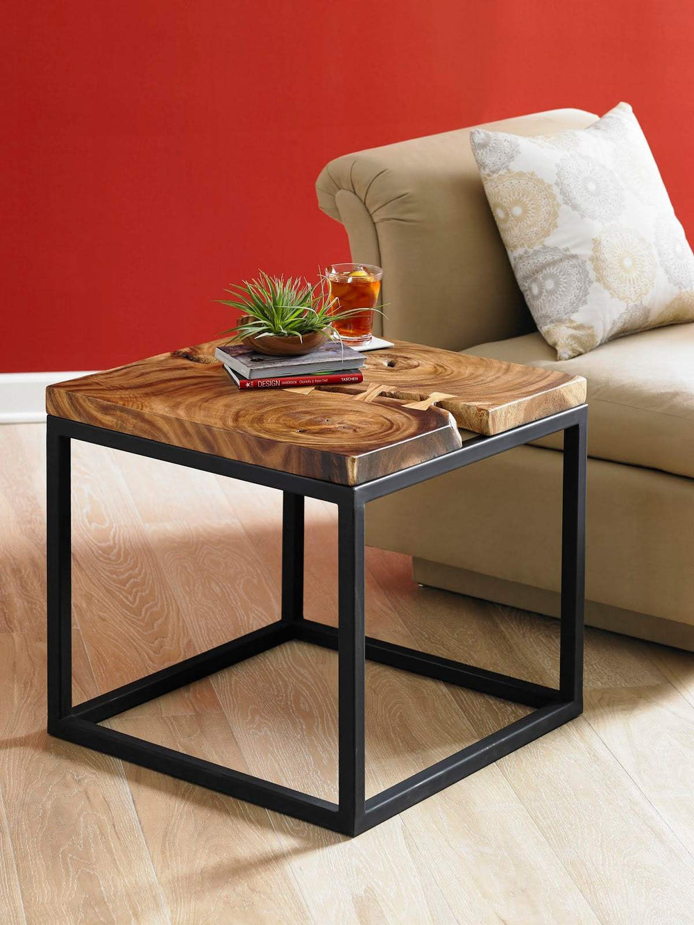 Martin Side Table, Chamcha Wood, Black Metal Base - Phillips Collection - AmericanHomeFurniture