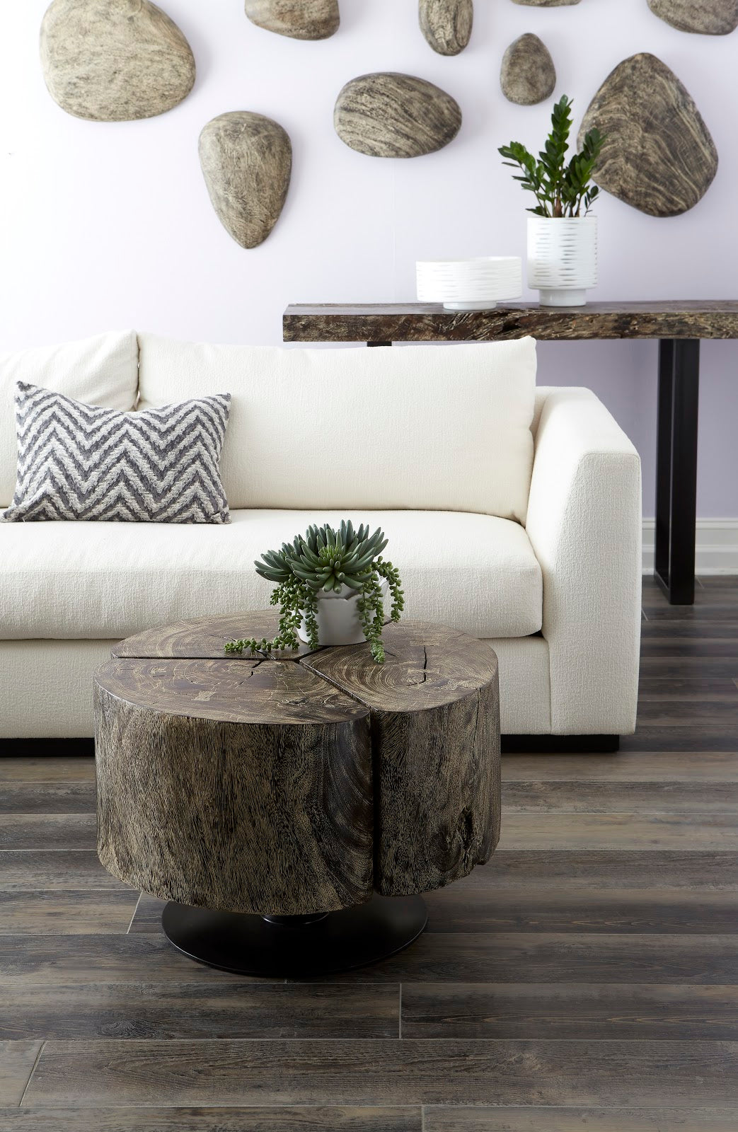 Clover Coffee Table, Chamcha Wood, Gray Stone Finish, Metal Base - Phillips Collection - AmericanHomeFurniture