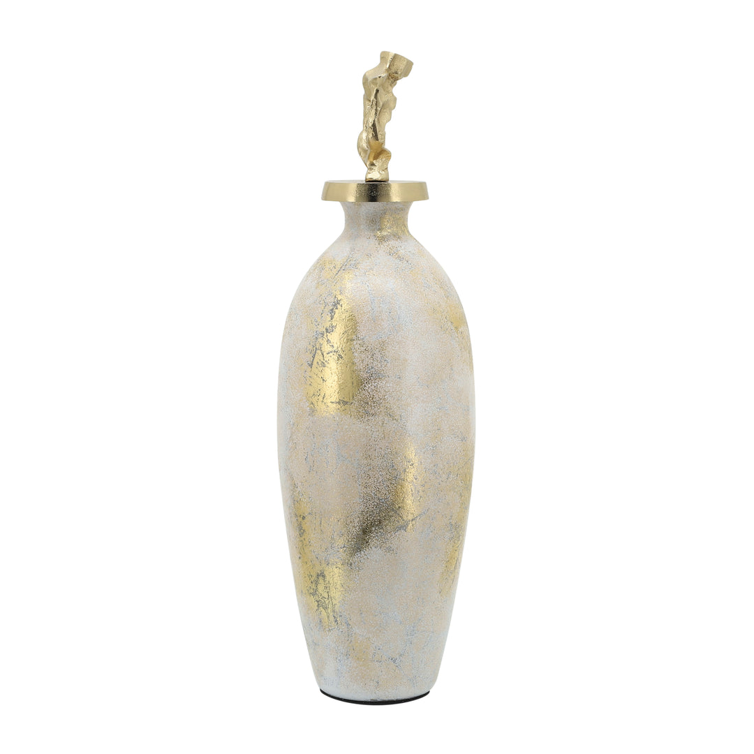 Glass, 23"h Metal Vase Tribal Topper,  White/gold