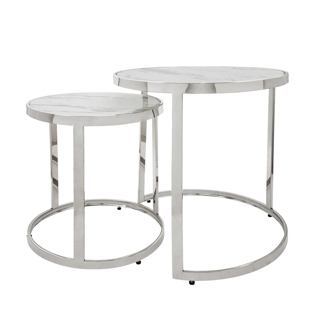 S/2 Metal/marble Glass Round Side Table, Silver