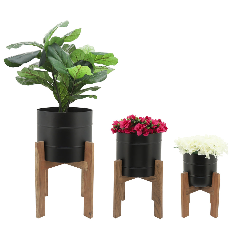 Metal, S/3 11/14/16"d Planters W/ Wooden Stand, Bl