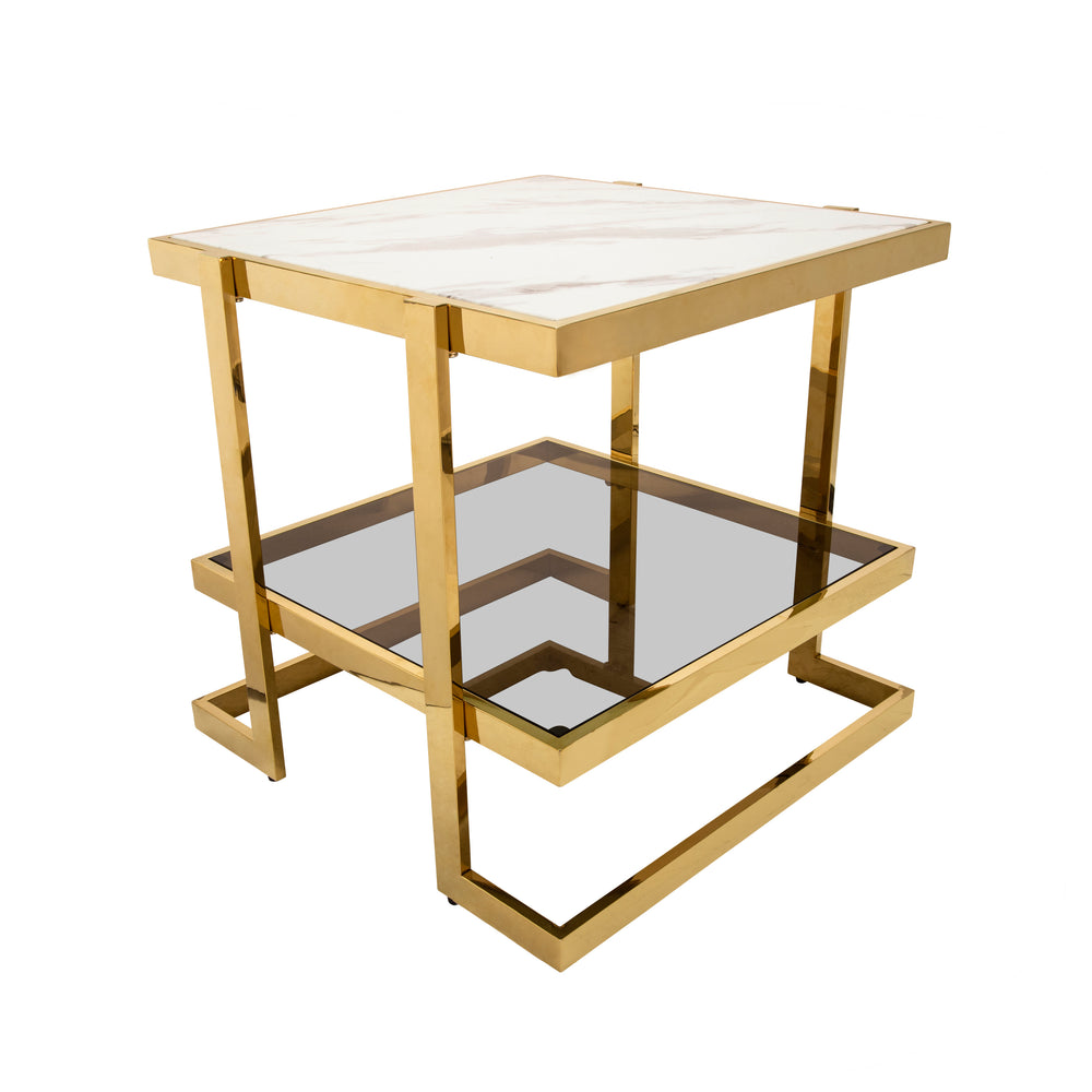 Metal/marble Glass Side Table, Gold/white Kd