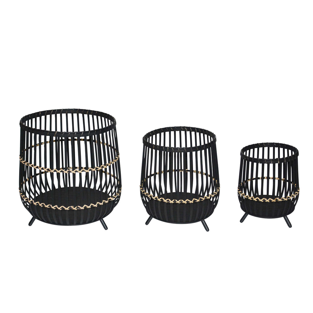 S/3 Bamboo Footed Planters 17/14/10", Black