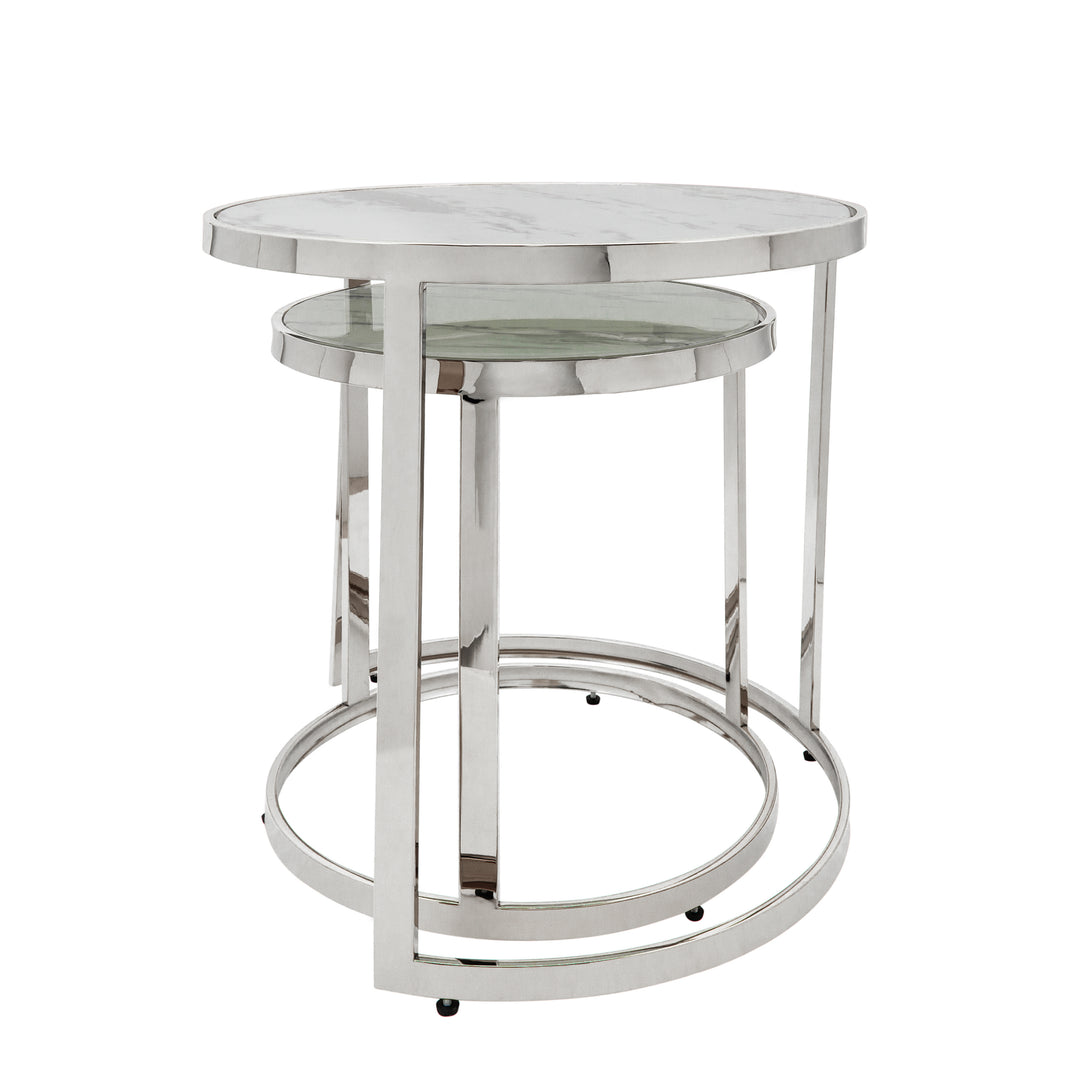 S/2 Metal/marble Glass Round Side Table, Silver