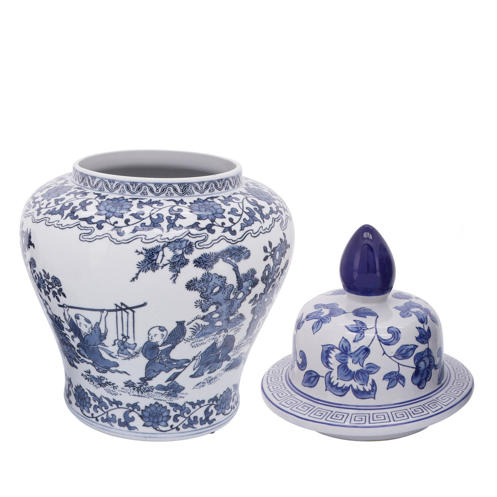 Cer, 15"h Blossoms Temple Jar, Blue
