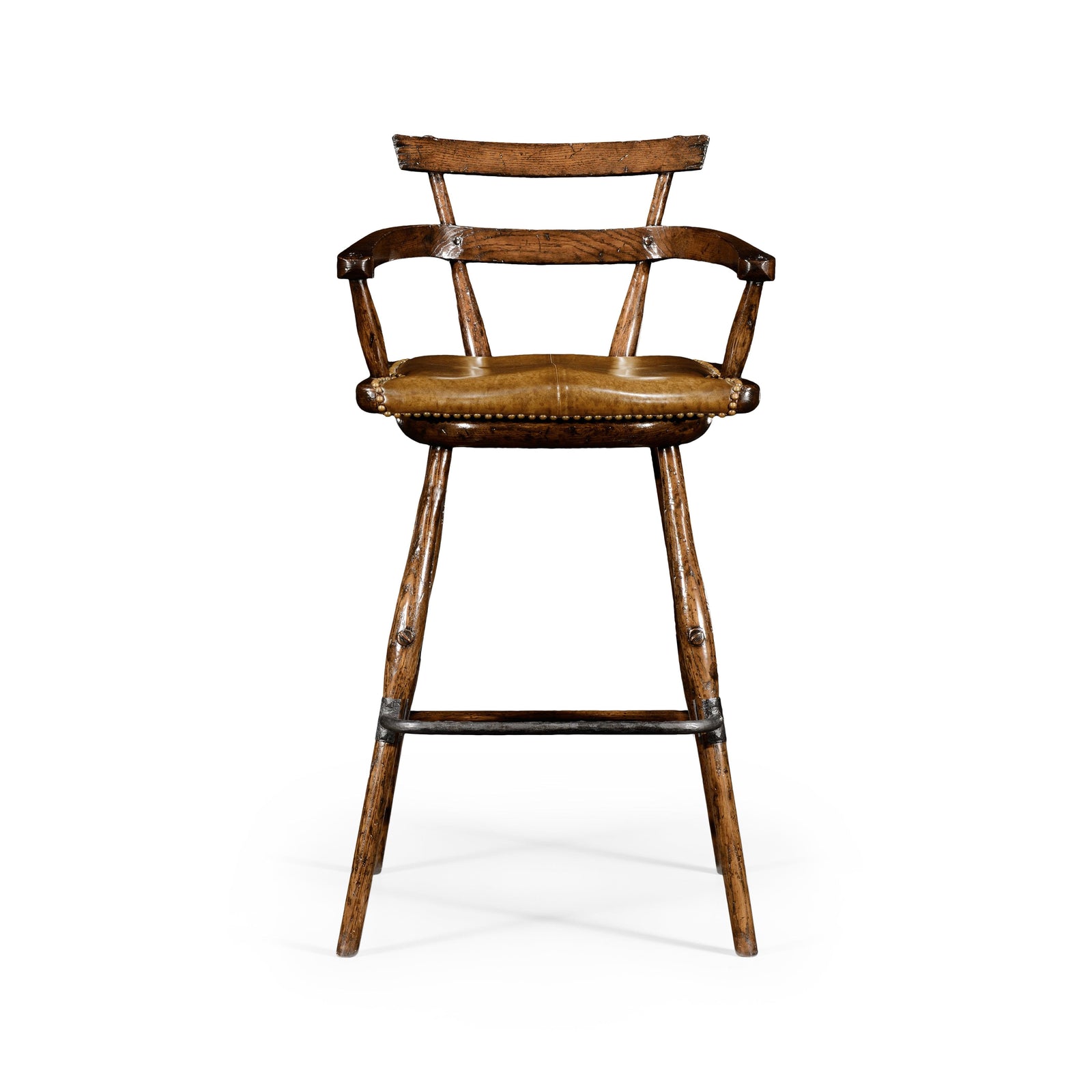 Jonathan Charles Casual Accents Tudor Oak Studded Leather Counter Stool BAR STOOLS + COUNTER STOOLS