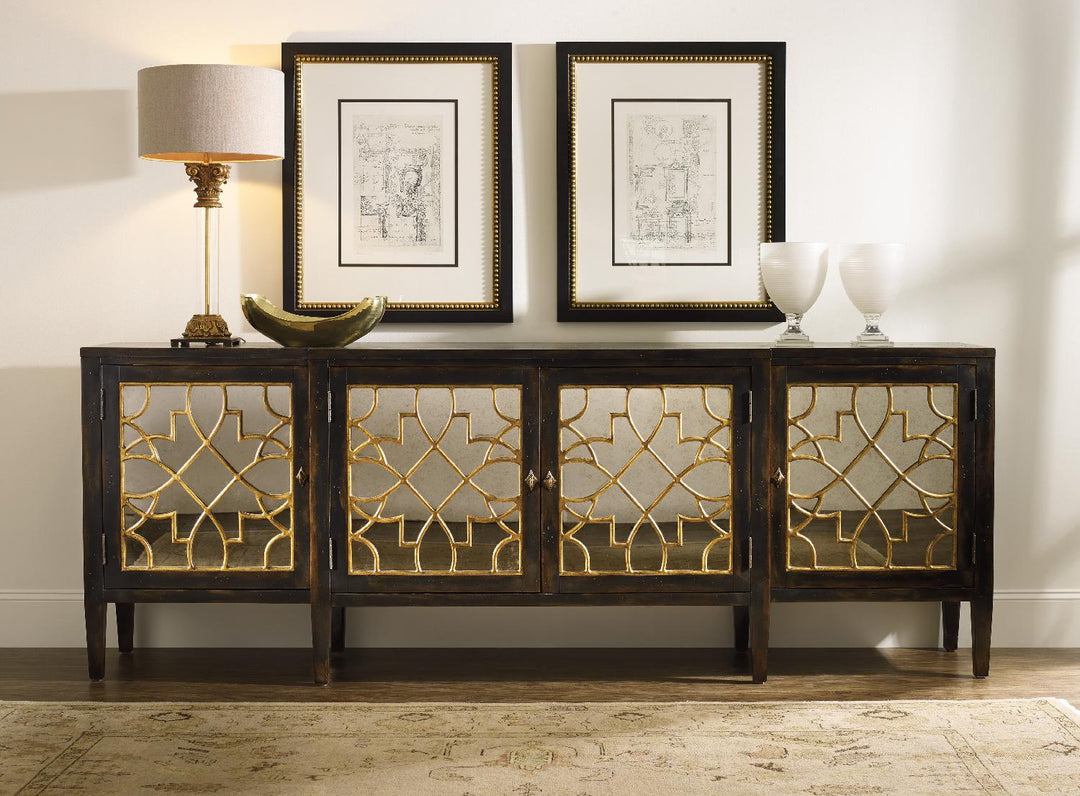 American Home Furniture | Hooker Furniture - Sanctuary Four Door Mirrored Console- Ebony