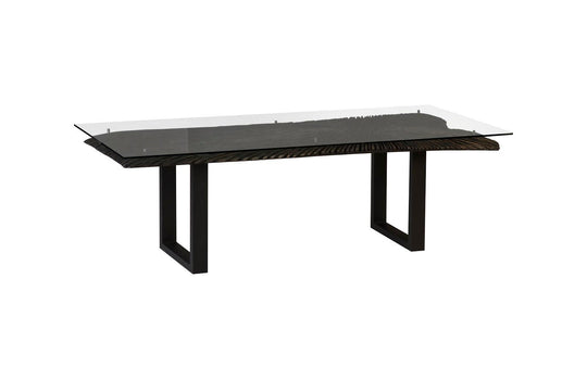 Phillips Collection Chainsaw Dining Table with Glass, Burnt Black, Black Iron U Legs DINING TABLES