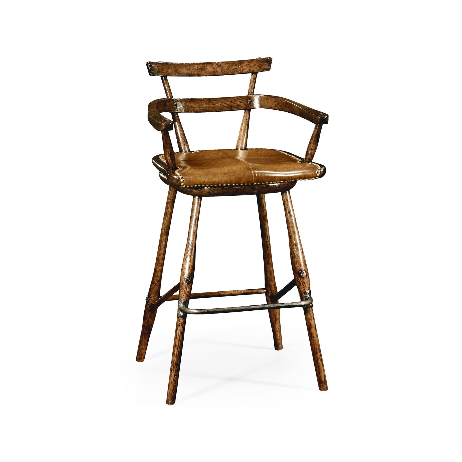 Jonathan Charles Casual Accents Tudor Oak Studded Leather Counter Stool BAR STOOLS + COUNTER STOOLS