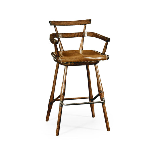 Jonathan Charles Casual Accents Tudor Oak Studded Leather Counter Stool BAR STOOLS + COUNTER STOOLS