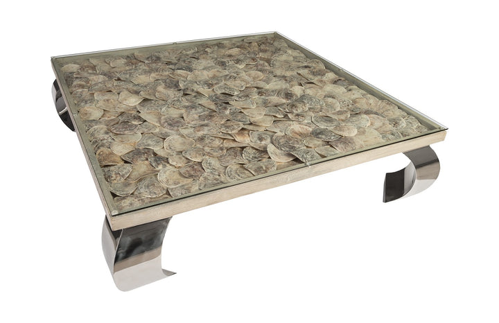 Shell Coffee Table, Glass Top, Ming Stainless Steel Legs - Phillips Collection - AmericanHomeFurniture