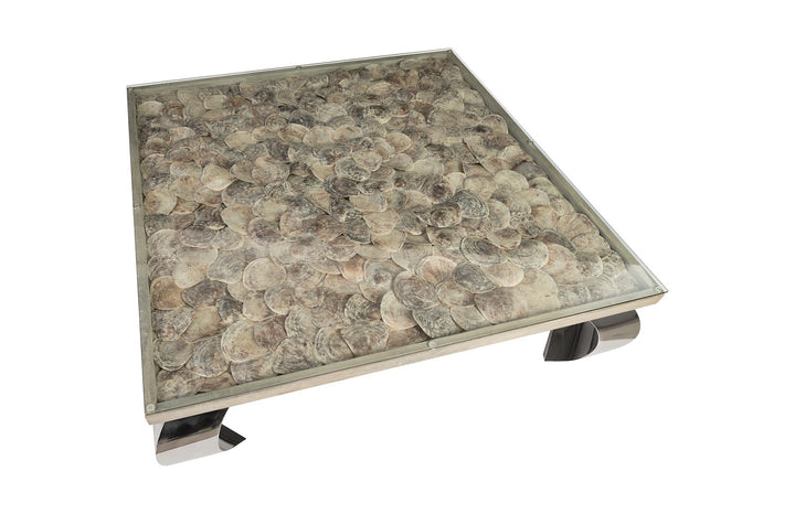 Shell Coffee Table, Glass Top, Ming Stainless Steel Legs - Phillips Collection - AmericanHomeFurniture