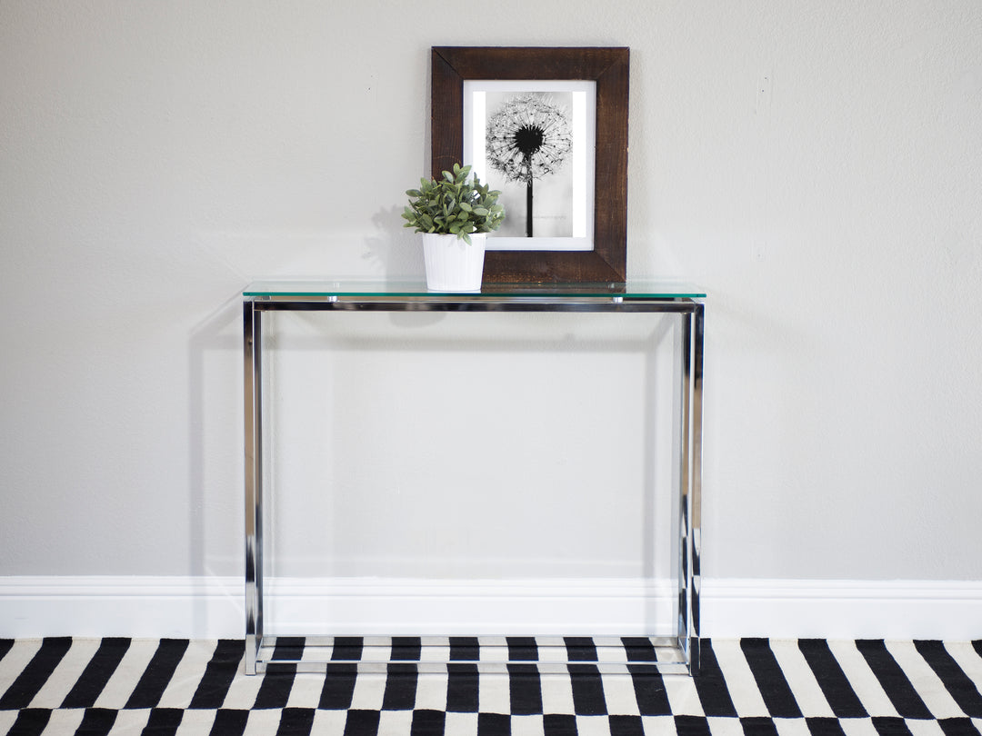 SANDOR CONSOLE TABLE WITH CLEAR TEMPERED GLASS TOP AND CHROME FRAME - AmericanHomeFurniture